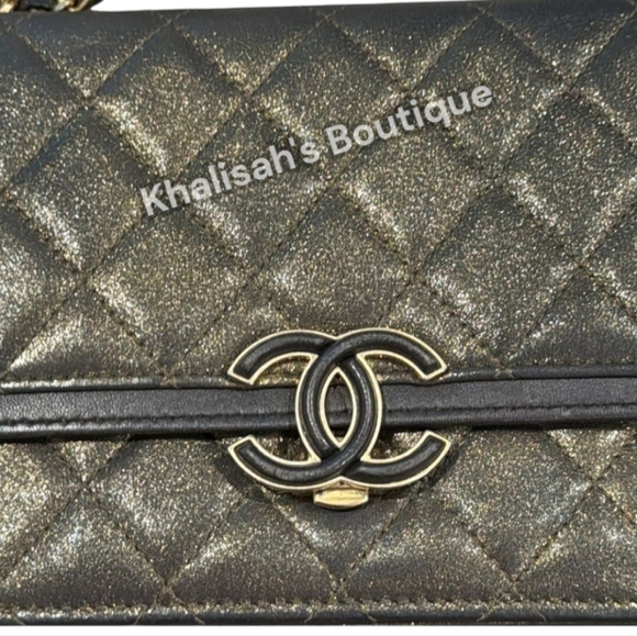Rare CHANEL Metallic Quilted Clutch Gold Leather WOC Mini Crossbody Bag Like New - Picture 7 of 16
